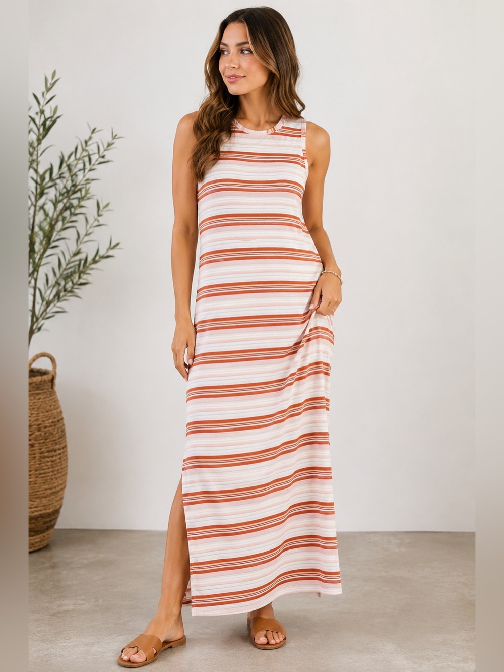 SO Striped Sleeveless Maxi Dress 100% Cotton Coral White Size XL